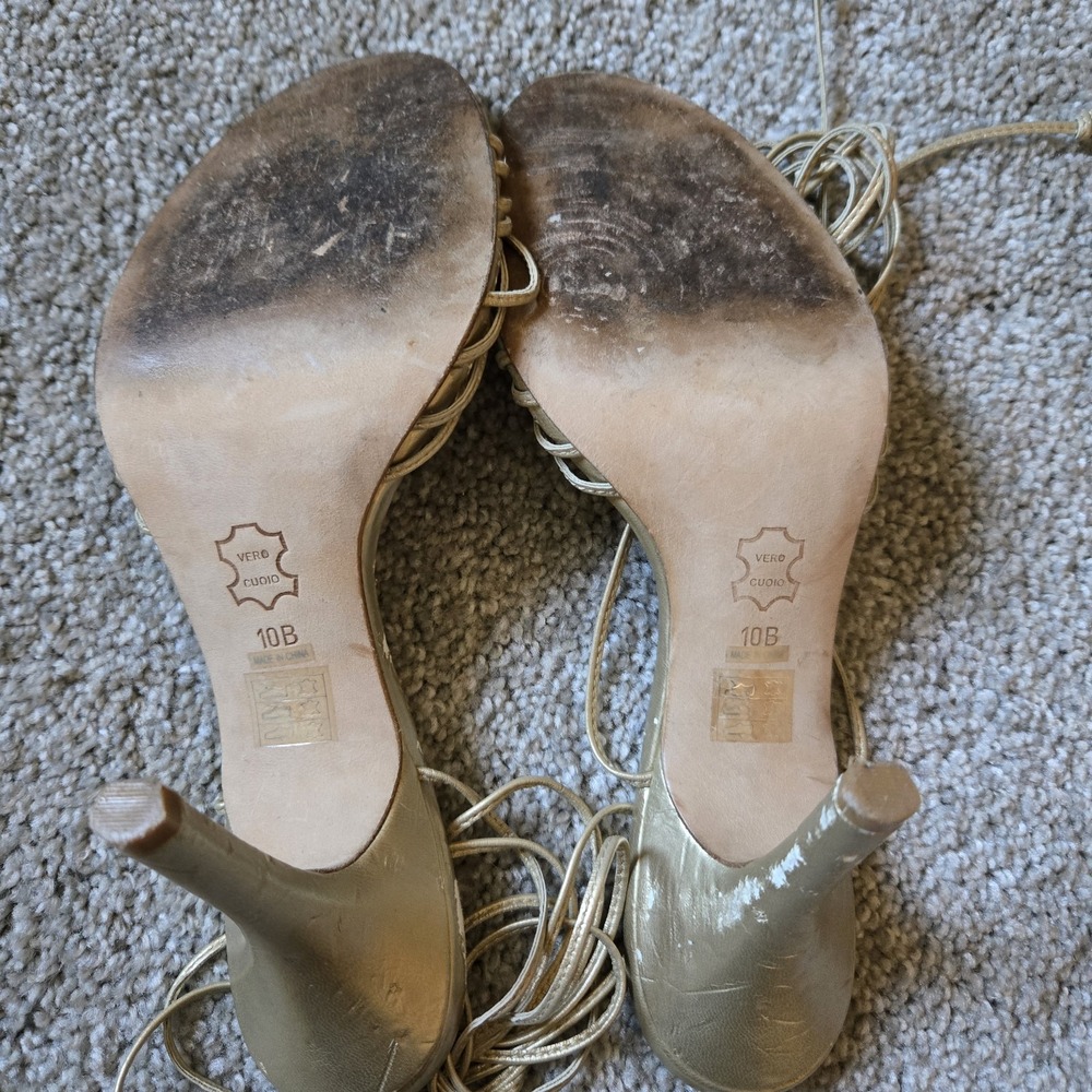 Charles By Charles David Leather Gold Heels Sz 10 Wraparound Strap Lace Up - Picture 5 of 12